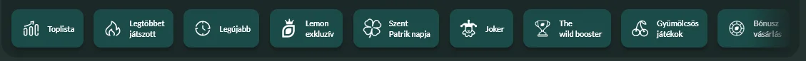 A Casino Lemon alapvető játékkategóriái slotokkal, élő kaszinóval, asztali játékokkal és gyors formátumokkal a különböző játékstílusokhoz