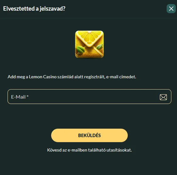 LemonCasino jelszó-visszaállítási űrlap a fiókhoz való hozzáférés helyreállításához