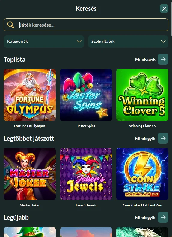 Játékkereső és szűrőrendszer a Casino Lemon platformon név szerinti kereséssel, kategóriaszűrőkkel és gyors navigációval a kívánt címhez